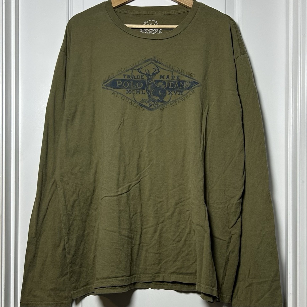 Polo Jeans Co. Ralph Lauren Vintage Y2K Green Elk Graphic Long Sleeve T-Shirt